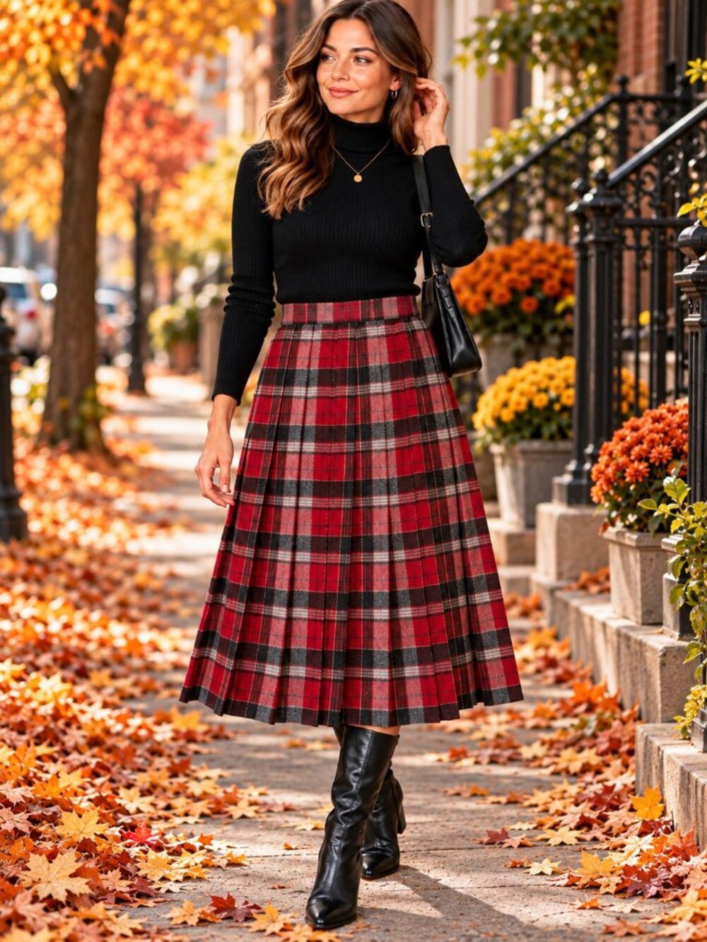 Vintage Koret Red Tartan Plaid Wool Blend Knife Pleat Midi Skirt Size 8 EUC